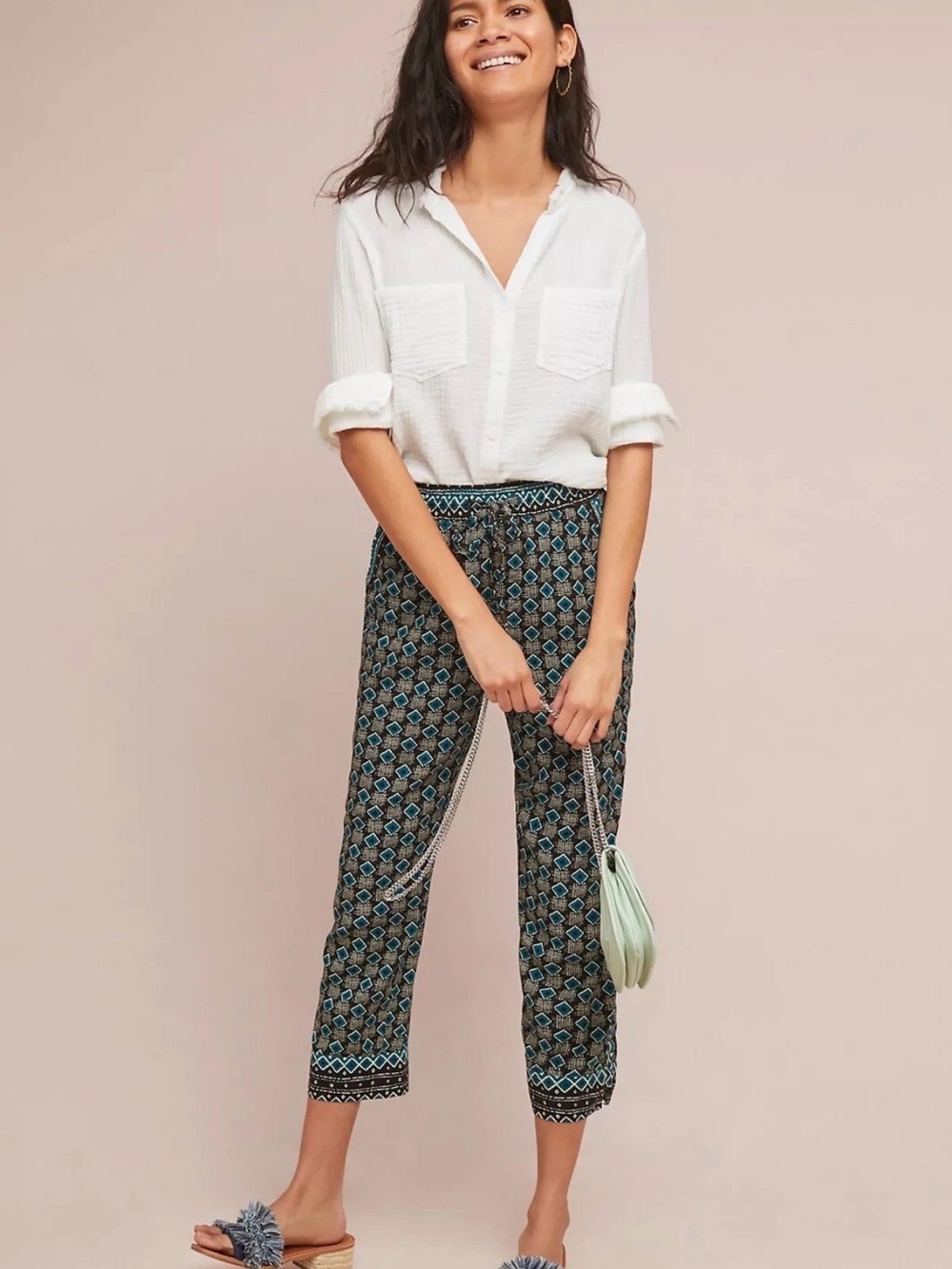 Anthropologie Geometric Joggers - Size L - Green Motif